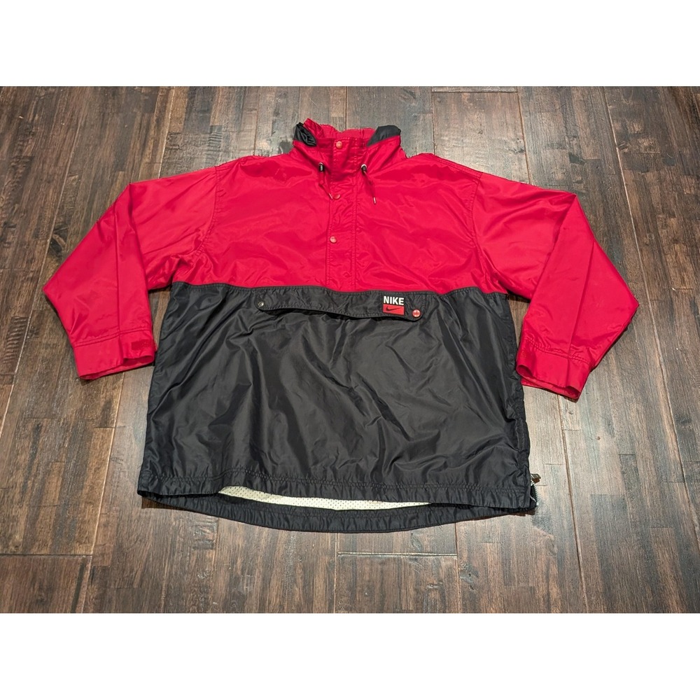 Nike 1/4 Zip Hooded Anorak Jacket Mens XL Color Block Red Black Pullover Lined